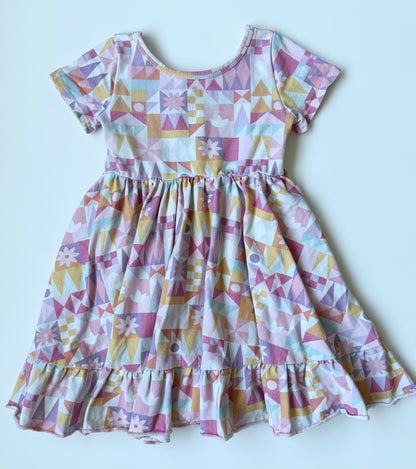 Girlhood Pink Pastel Geometric Short Sleeve Twirl Dress (4T)