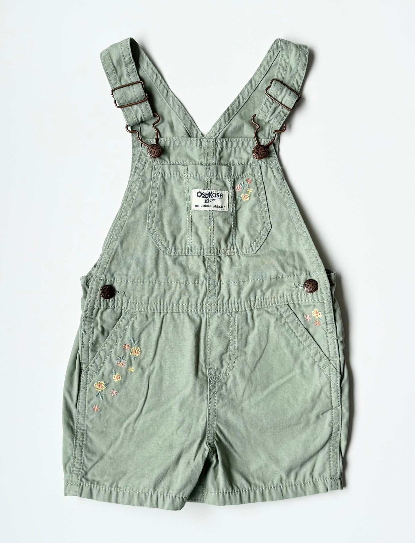 OshKosh Light Green & Embroidered Flowers Shorty Overalls (24 Months)