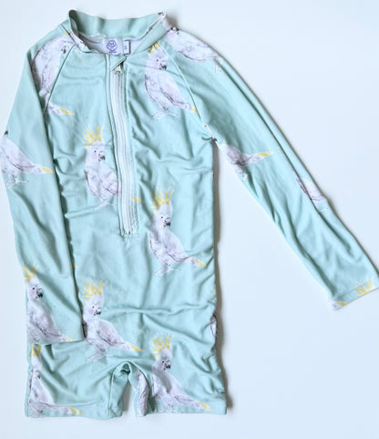 Cheeky Chickadee Light Green Parrot Long Sleeve Rashguard One Piece Swimsuit (5T)