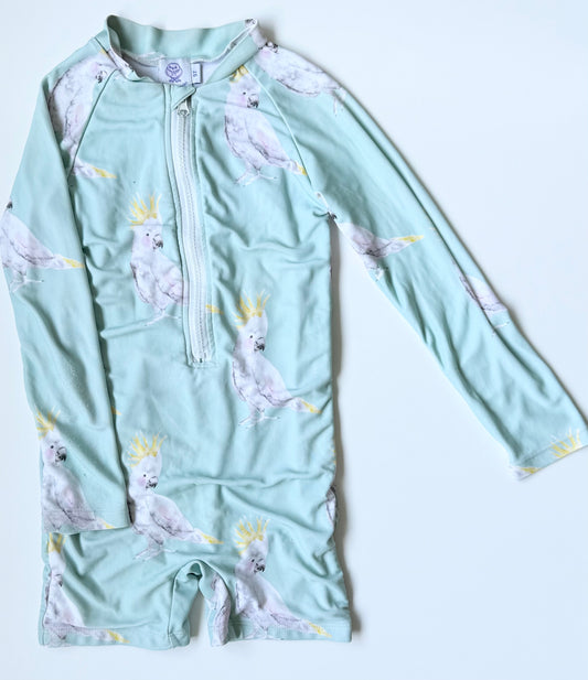 Cheeky Chickadee Light Green Parrot Long Sleeve Rashguard One Piece Swimsuit (5T)