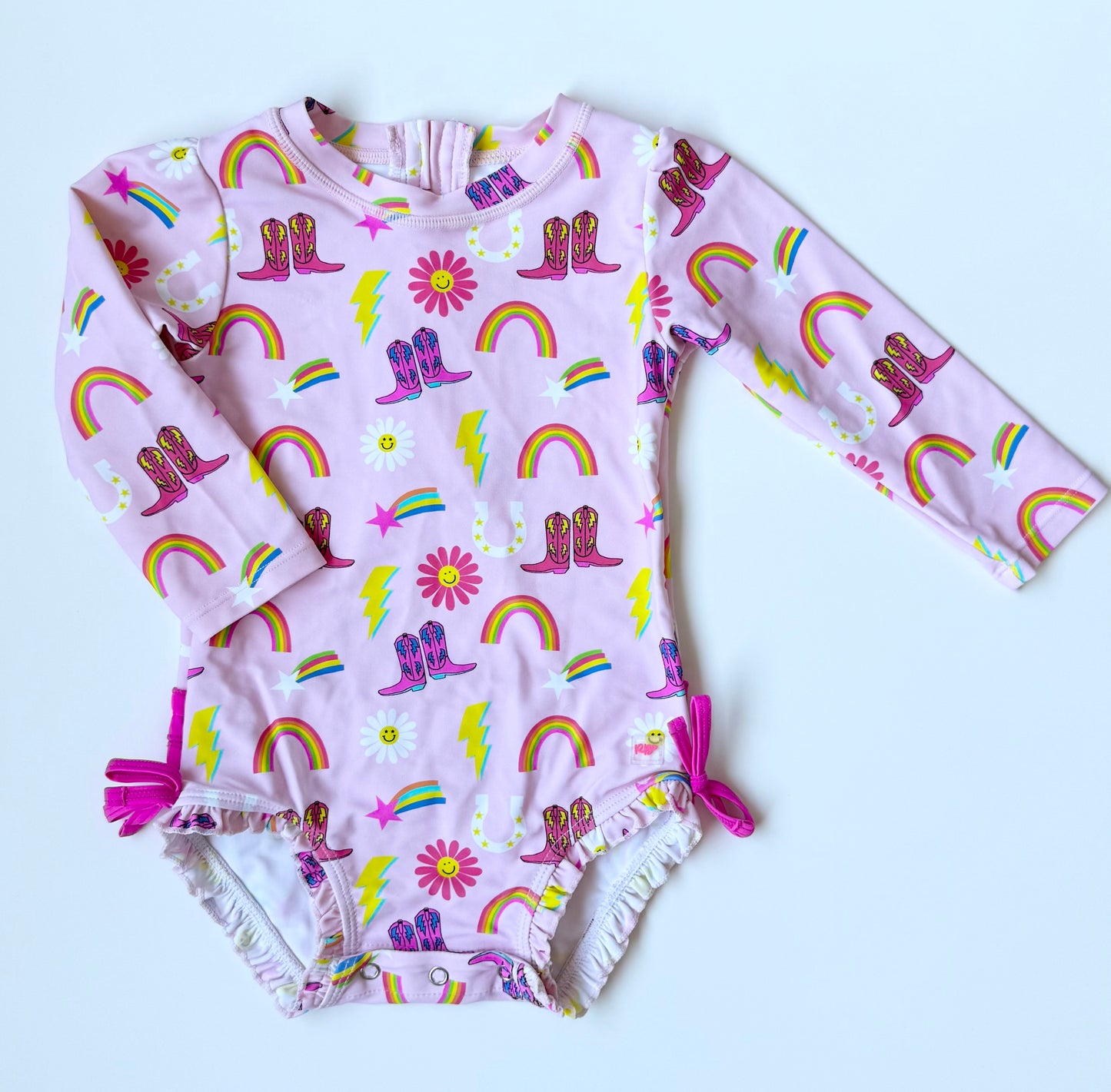 Ruffle Butts Pink Cowgirl Rainbow Long Sleeve One Piece Swimsuit (18-24 Months)