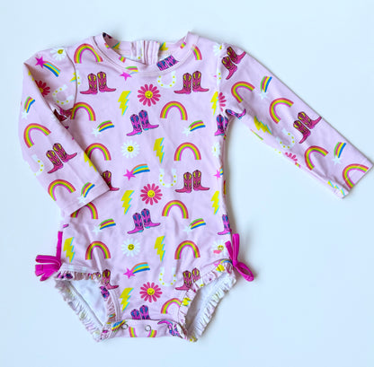 Ruffle Butts Pink Cowgirl Rainbow Long Sleeve One Piece Swimsuit (18-24 Months)