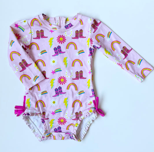 Ruffle Butts Pink Cowgirl Rainbow Long Sleeve One Piece Swimsuit (18-24 Months)