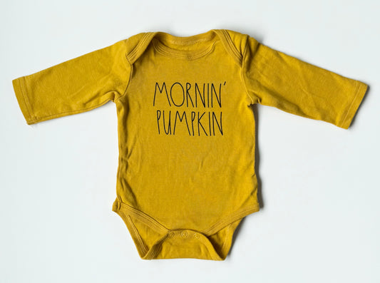 Rae Dunn Dark Yellow “Mornin’ Pumpkin” Long Sleeve Bodysuit (3-6 Months)