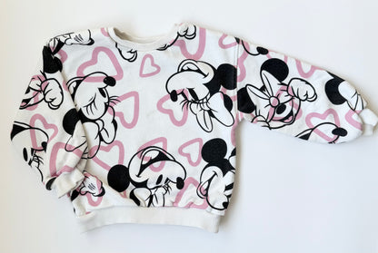Zara x Disney White & Pink Minnie Mouse Hearts Crewneck Sweater (2-3 Years)