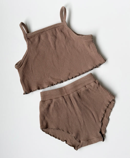 Fieldday Brown Ribbed Cropped Tank Top & Matching Bummie Shorts Set (3T)