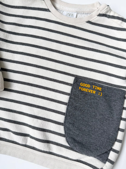 Zara White & Grey Striped “Good Time Forever” Crewneck Sweater (18-24 Months)