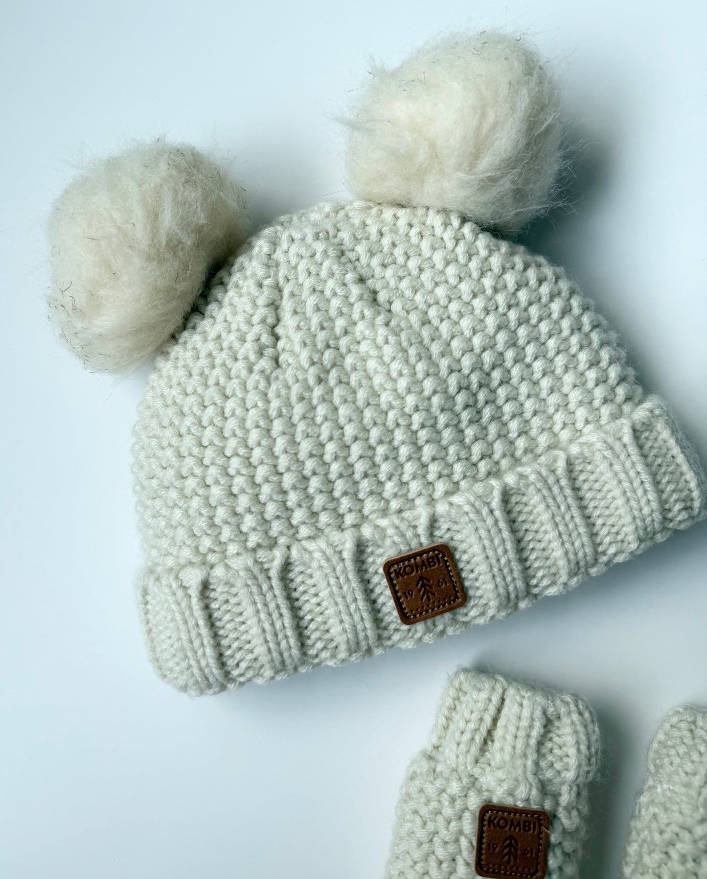 Kombi White Knit Double Pom Toque & Matching Mittens (3-9 Months)