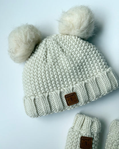 Kombi White Knit Double Pom Toque & Matching Mittens (3-9 Months)