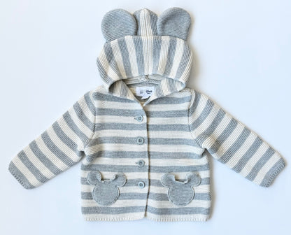 Baby Gap x Disney White & Grey Striped Mickey Mouse Knit Button Front Sweater (12-18 Months)