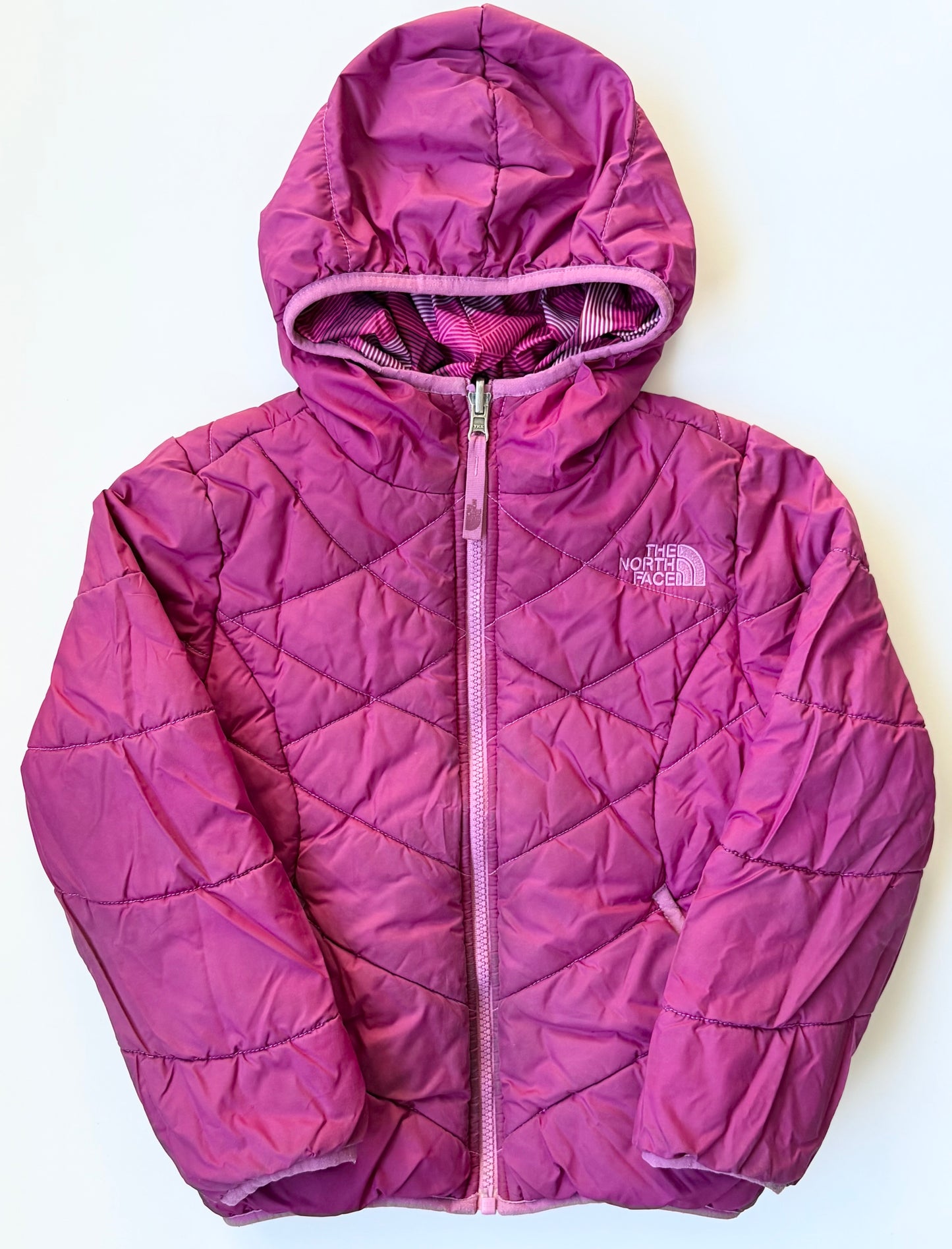 The North Face Perrito Dark Pink & Purple Patterned Reversible Puffer Hooded Jacket (6 Years)