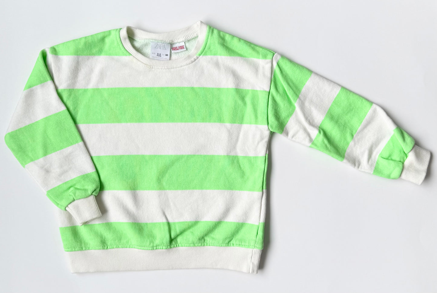 Zara White & Bright Green Striped Crewneck Sweater (2-3 Years)