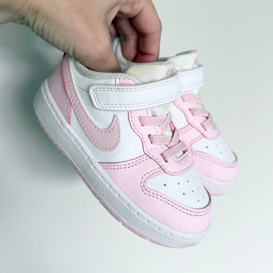 Nike Court Borough Low Recraft White & Sparkle Baby Pink Stretch Lace & Velcro Sneakers (7)