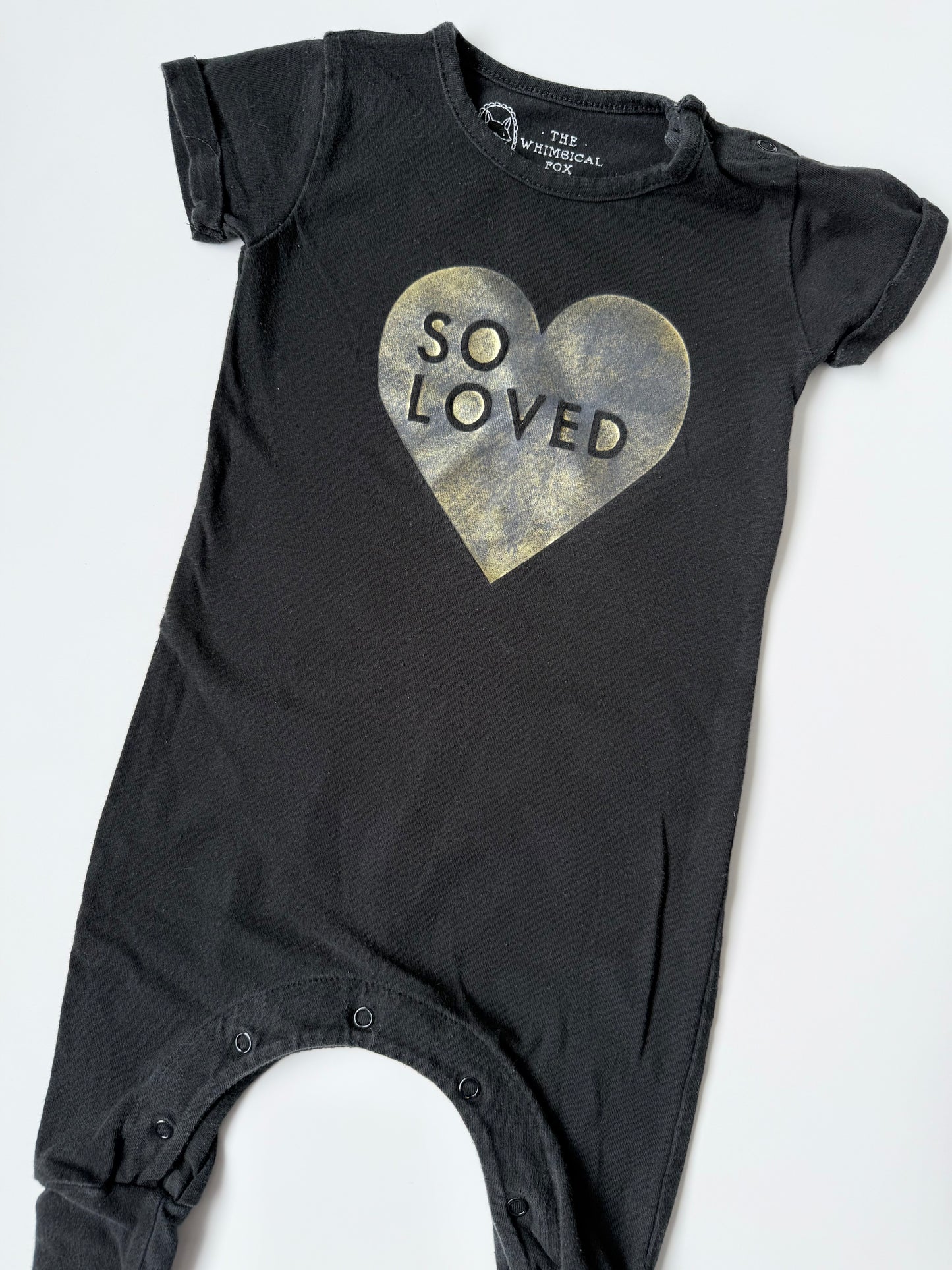 The Whimsical Fox Black & Gold “So Loved” Short Sleeve Jumpsuit (3-6 Months)