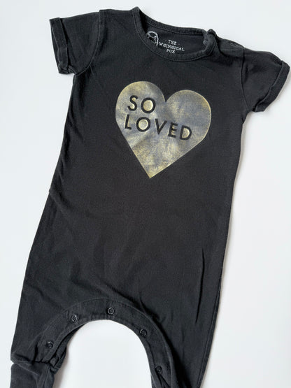 The Whimsical Fox Black & Gold “So Loved” Short Sleeve Jumpsuit (3-6 Months)