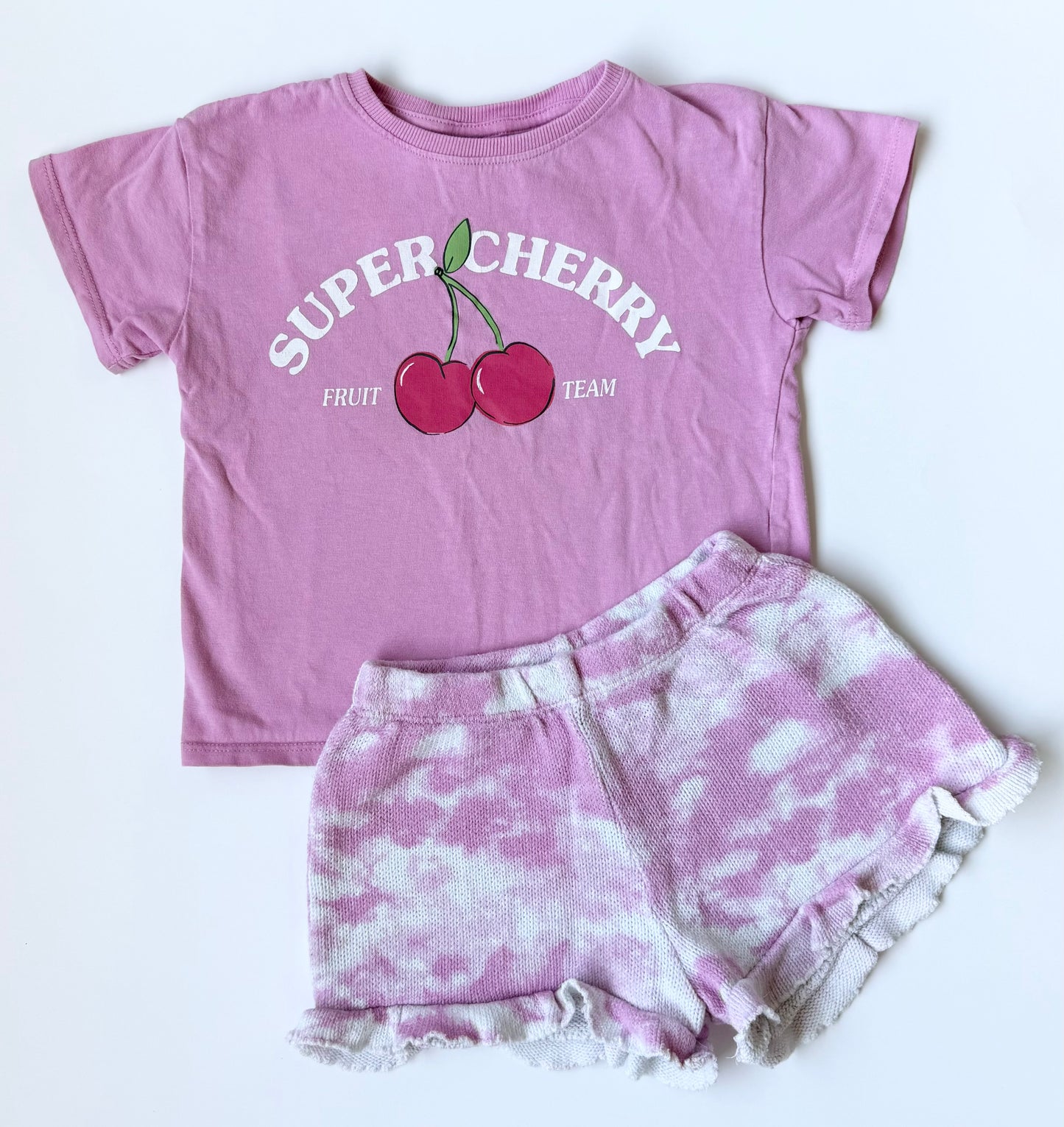 Zara Pink “Super Cherry” T-Shirt & Matching Pink Tie Dye Knit Shorts Set (2-3 Years)