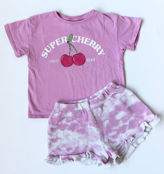 Zara Pink “Super Cherry” T-Shirt & Matching Pink Tie Dye Knit Shorts Set (2-3 Years)