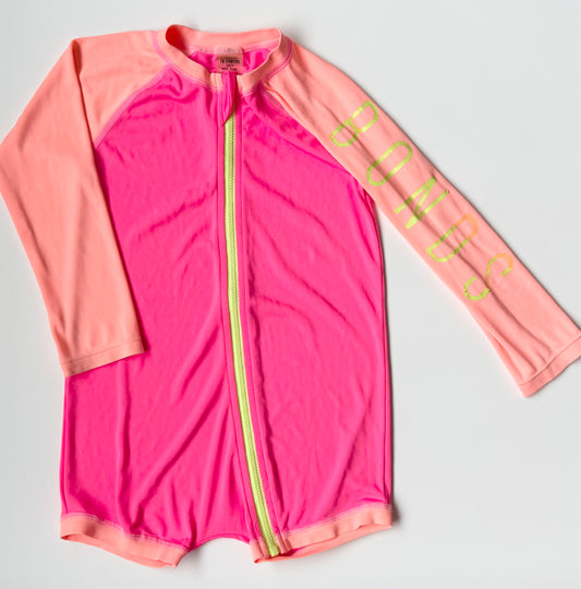 Bonds Neon Pink & Orange Long Sleeve & Shorts Rashguard One Piece Swimsuit (18-24 Months)