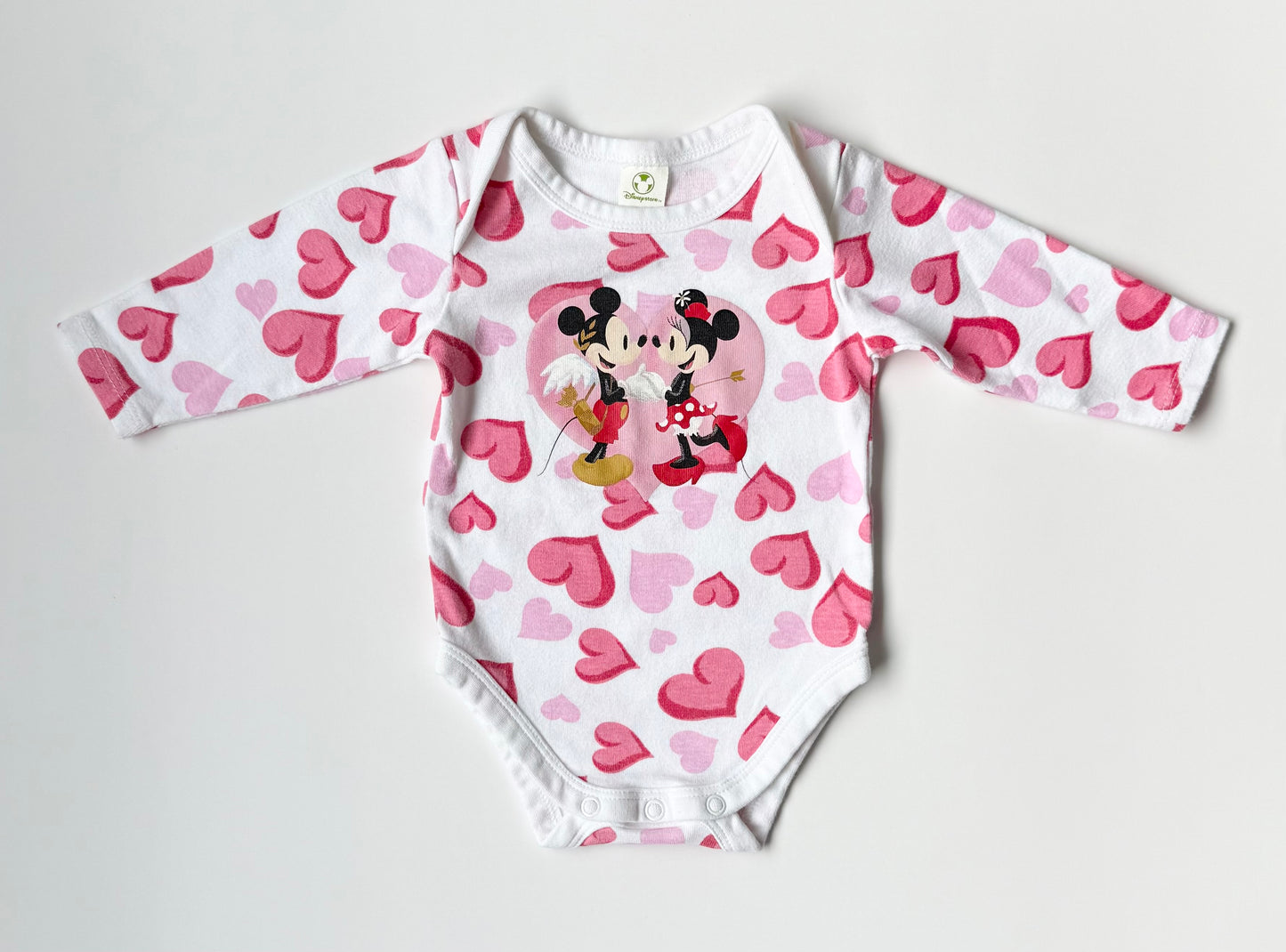 Disney Store Cupid Mickey & Minnie Hearts Long Sleeve Bodysuit (0-3 Months)