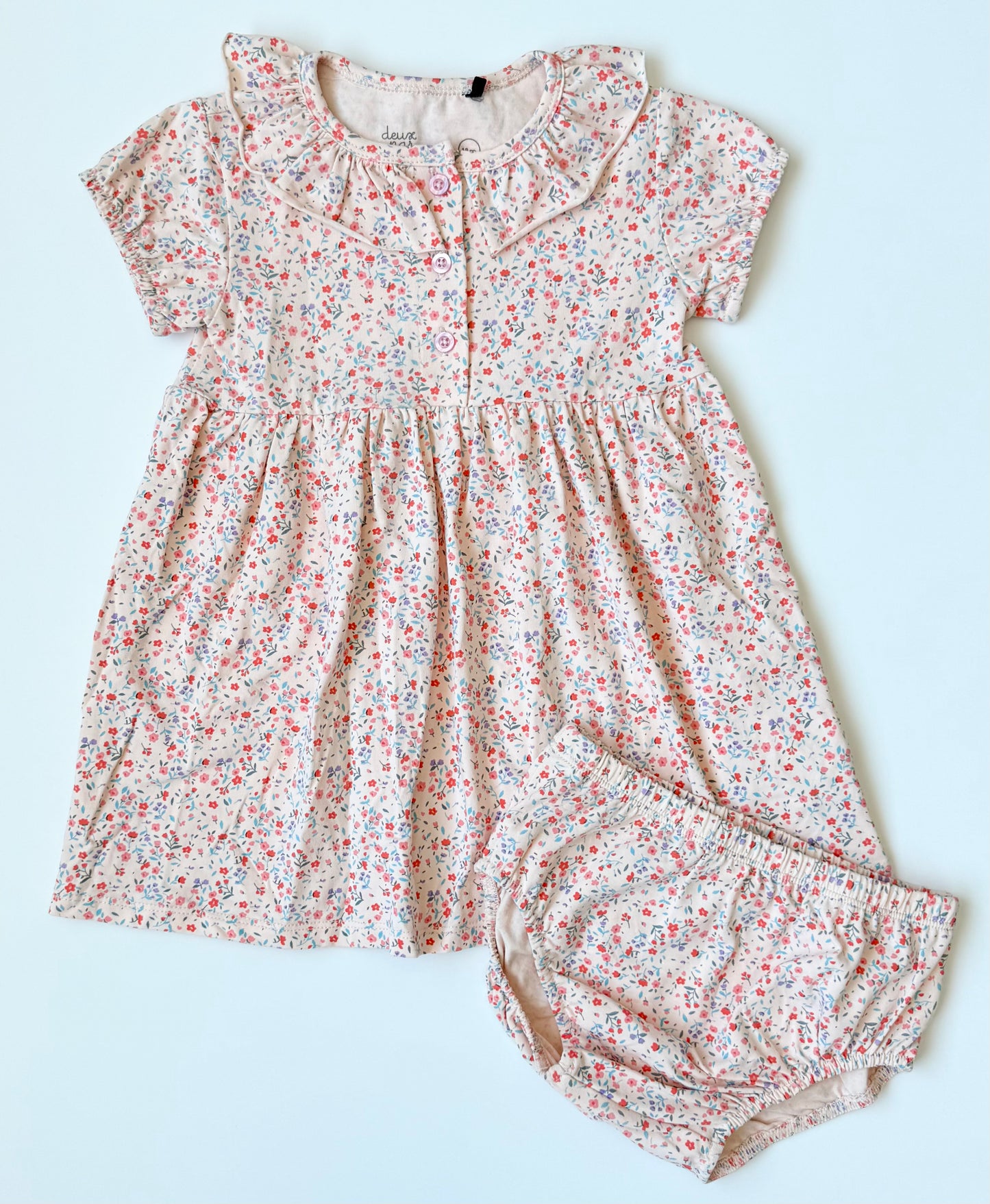 Deux Par Deux Pink Dainty Florals Short Sleeve Collared Dress & Bloomers (18 Months)