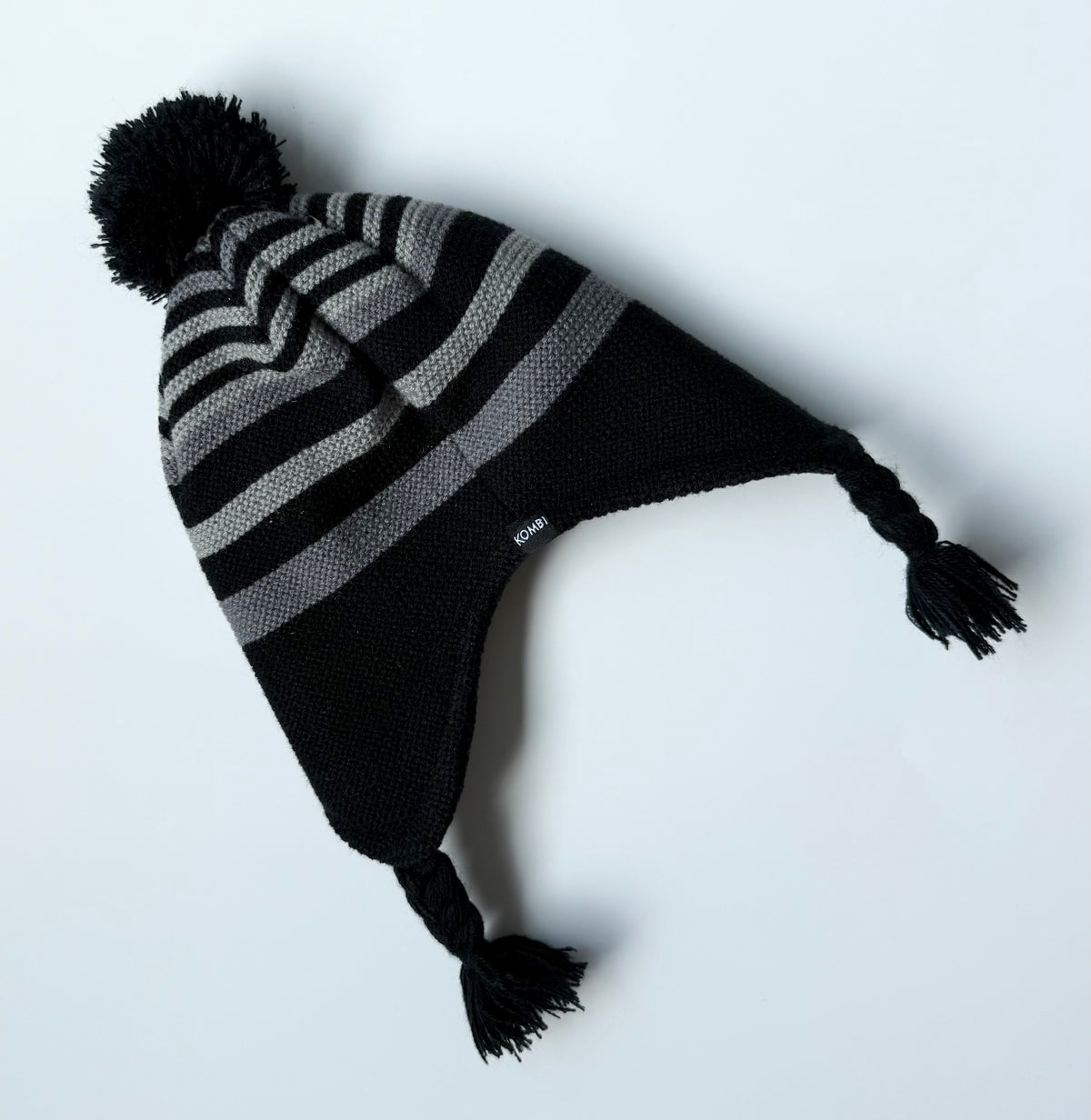 Kombi Black & Grey Striped Trapper Pom Hat (12-24 Months)