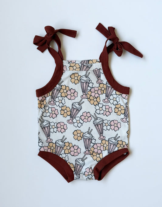 PatPat White & Brown Trim Ribbed Milkshake Summer Romper (6-12 Months)