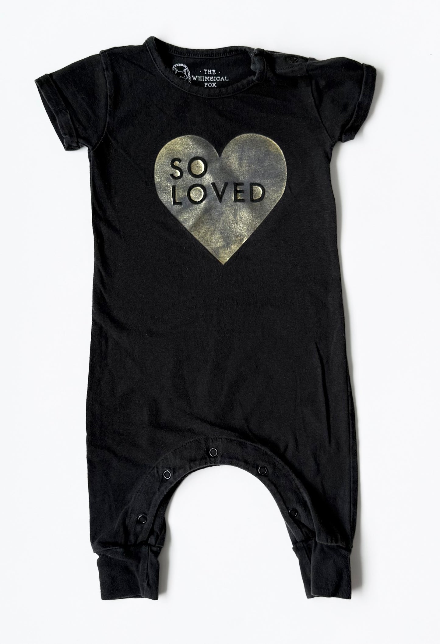 The Whimsical Fox Black & Gold “So Loved” Short Sleeve Jumpsuit (3-6 Months)