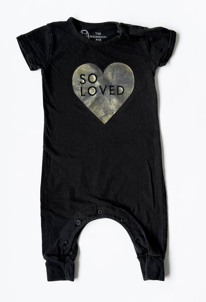 The Whimsical Fox Black & Gold “So Loved” Short Sleeve Jumpsuit (3-6 Months)