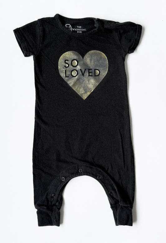 The Whimsical Fox Black & Gold “So Loved” Short Sleeve Jumpsuit (3-6 Months)