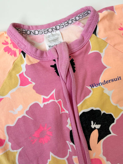 Bonds Wondersuit Pink & Orange Floral Short Sleeve Sleeper Romper (3-6 Months)