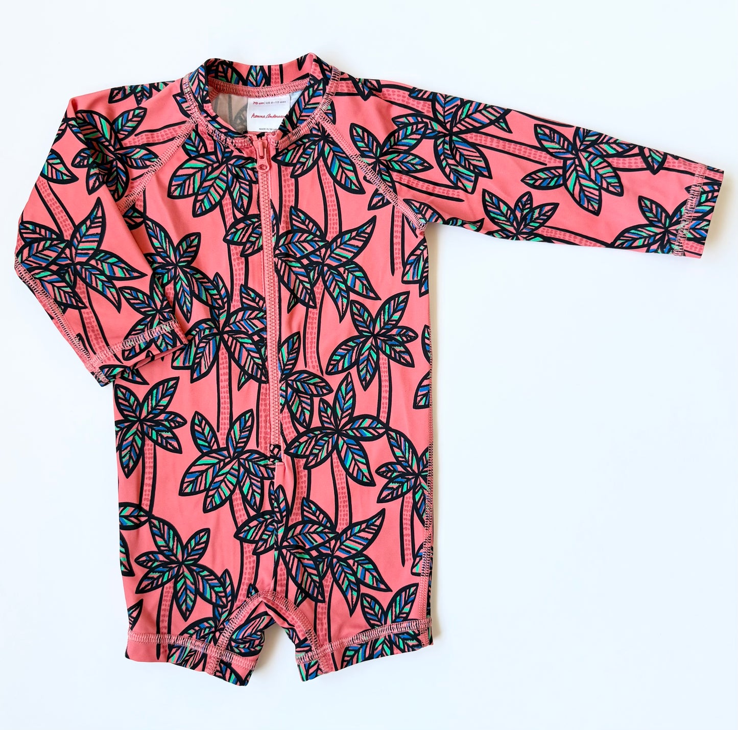Hanna Andersson Neon Orange Palm Trees Rashguard One Piece Swimsuit (6-12 Months)