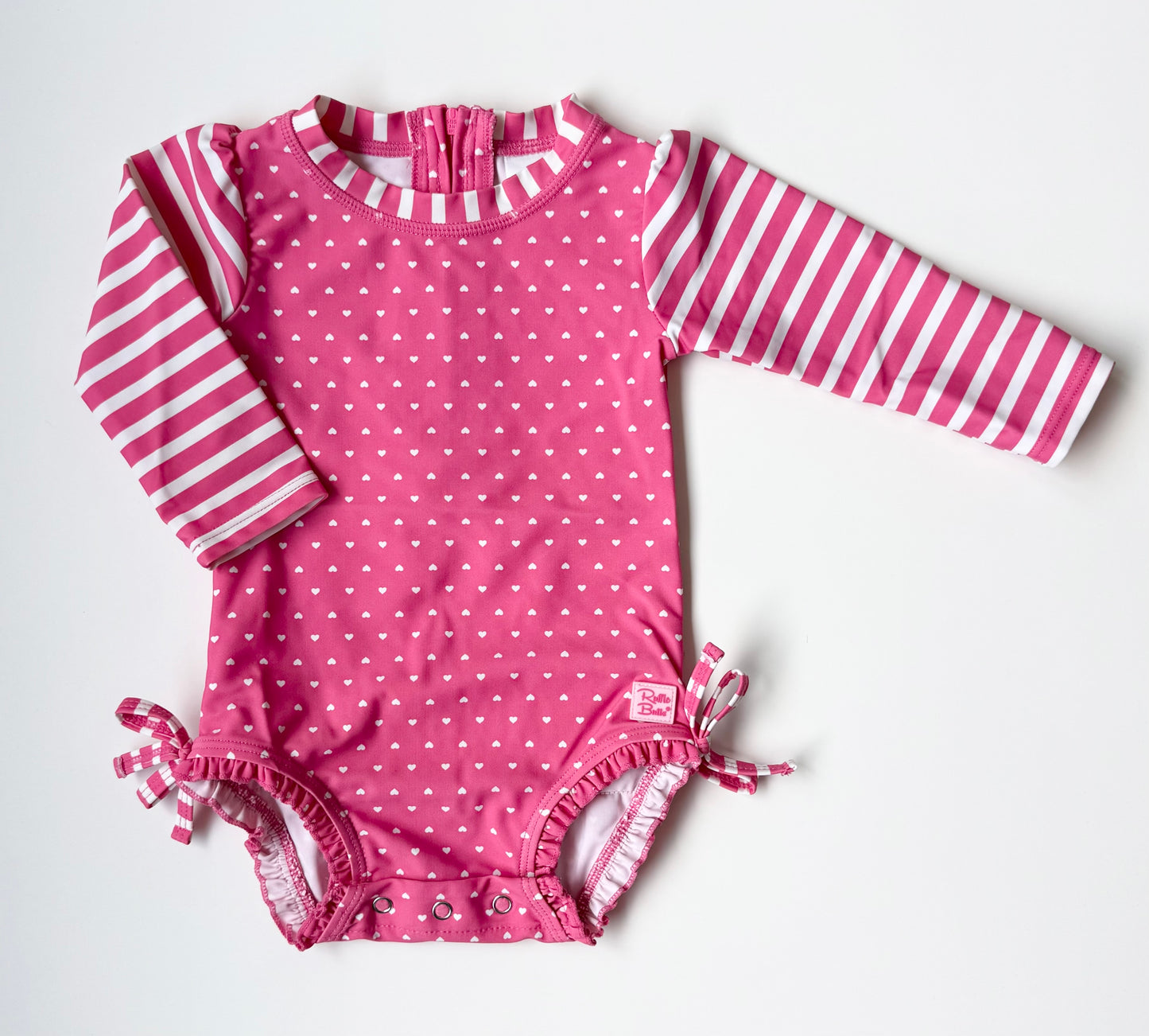 Ruffle Butts Pink Hearts & Stripes Long Sleeve One Piece Swimsuit (6-12 Months)