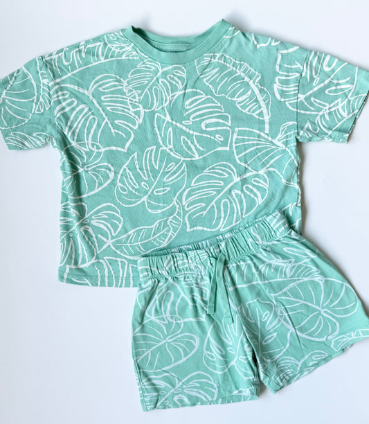 H&M Aqua & White Tropical Leaves T-Shirt & Shorts Matching Set (18-24 Months)