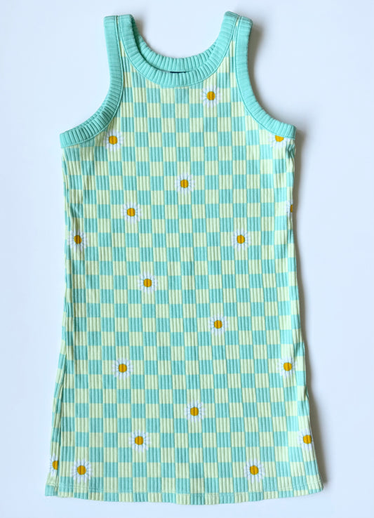 Old Navy Retro Neon Checkered Daisies Ribbed Tank Dress (6-7 Years)