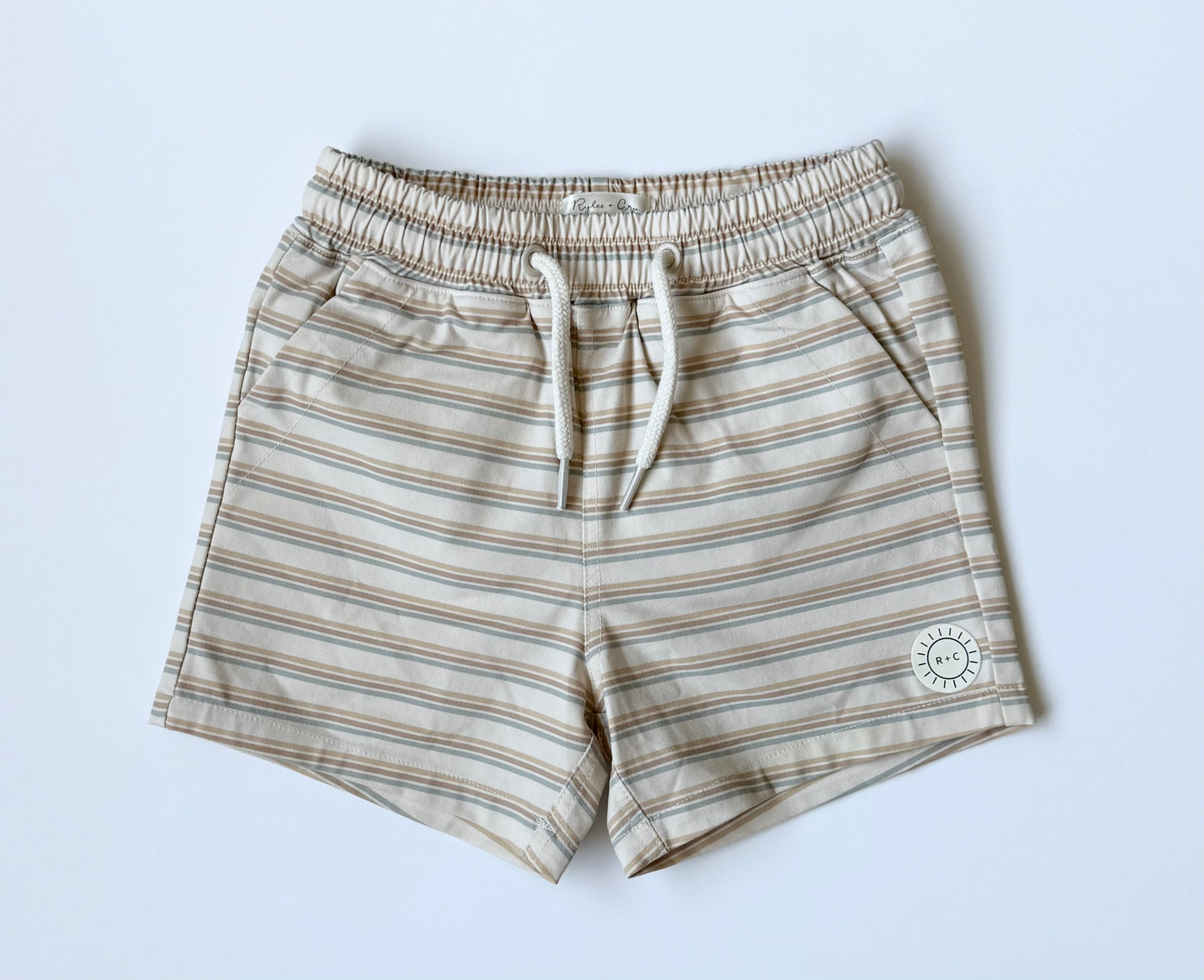 Rylee & Cru Beige Striped Swim Trunks (12-18 Months)