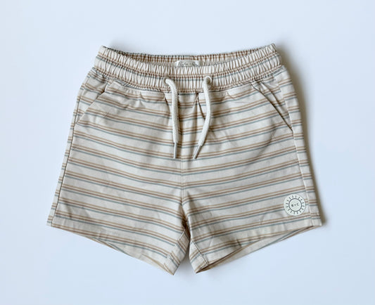 Rylee & Cru Beige Striped Swim Trunks (12-18 Months)