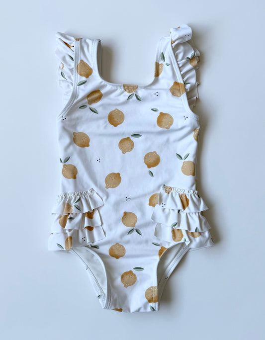 Petit Lem White Lemons Ruffle Shoulder One Piece Swimsuit (12-18 Months)