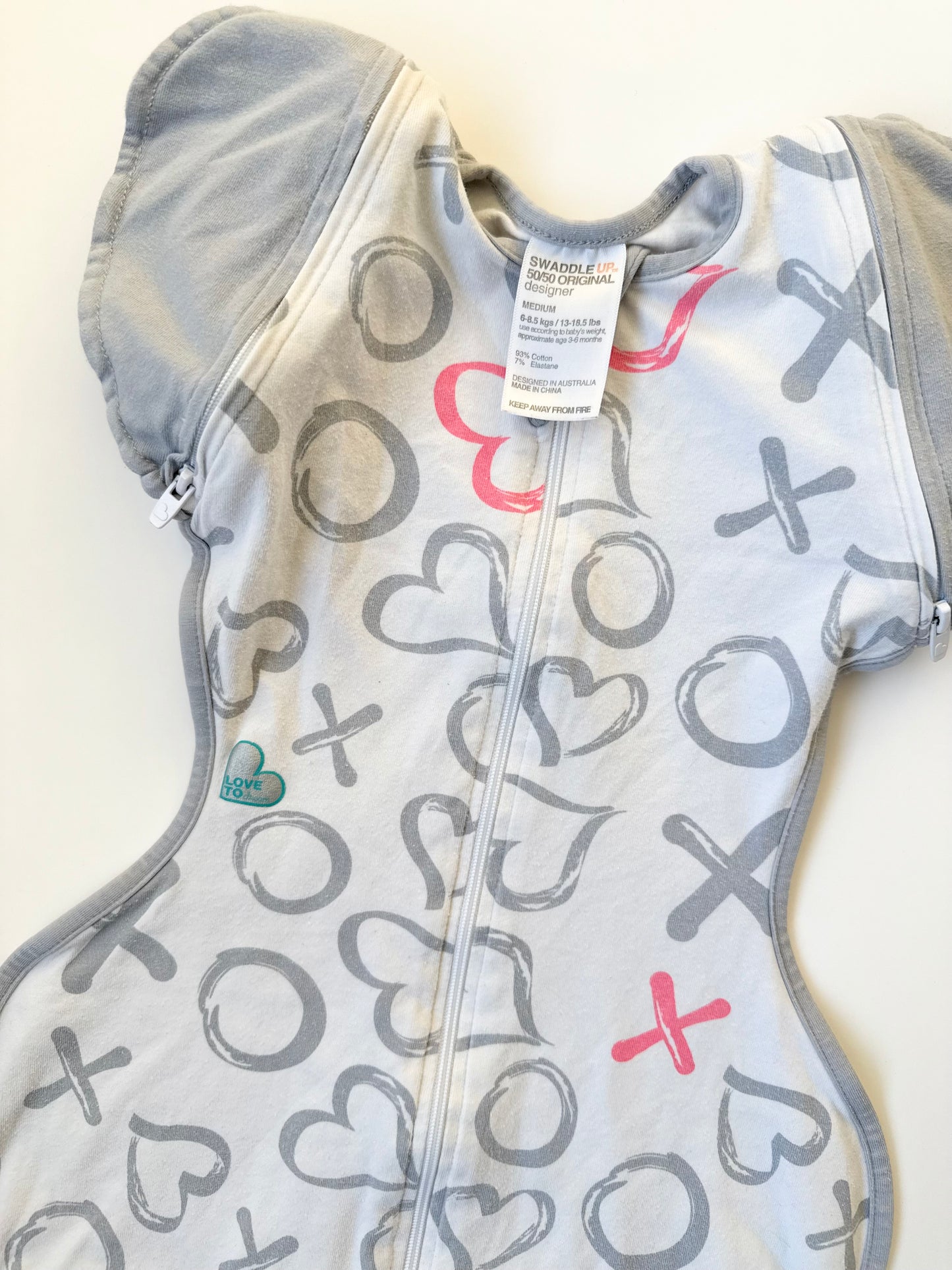 Love to Dream Grey & Pink XOXO Hearts Swaddle Up 50/50 Original Designer (Medium)