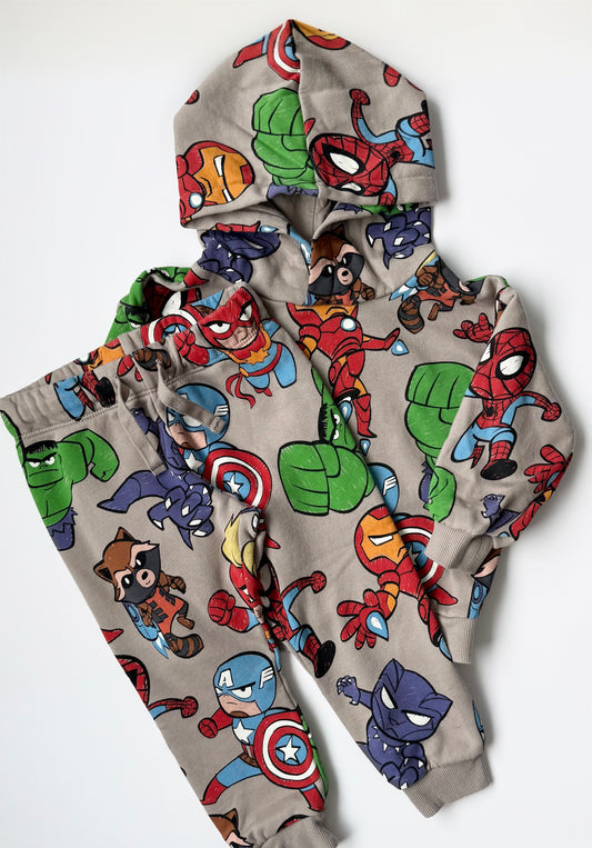 H&M x Disney Marvel Beige Avengers Characters AOP Hoodie Sweater & Pants Set (18-24 Months)