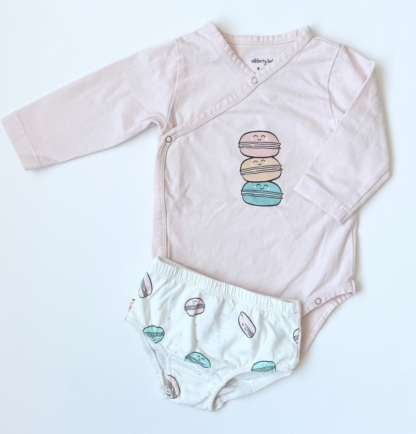 Silkberry Baby Pink Macaroons Kimono Long Sleeve Bodysuit & Bloomers Set (6-12 Months)