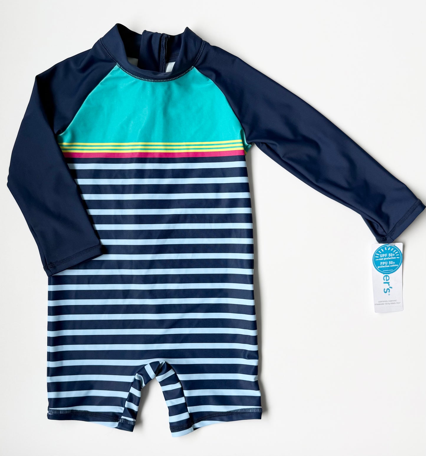 Carters Navy & Color Striped Long Sleeve & Shorts Rashguard One Piece Swimsuit - New (18 Months)