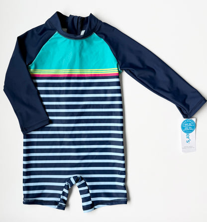 Carters Navy & Color Striped Long Sleeve & Shorts Rashguard One Piece Swimsuit - New (18 Months)