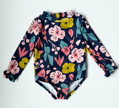 Simple Joys by Carters Navy & Colourful Floral Long Sleeve One Piece Swimsuit (18 Months)