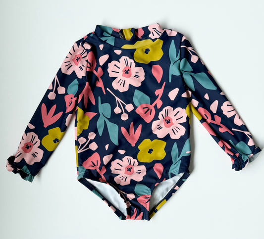 Simple Joys by Carters Navy & Colourful Floral Long Sleeve One Piece Swimsuit (18 Months)