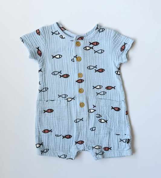 Deux Par Deux Light Blue Fishy Muslin Romper (3 Months)