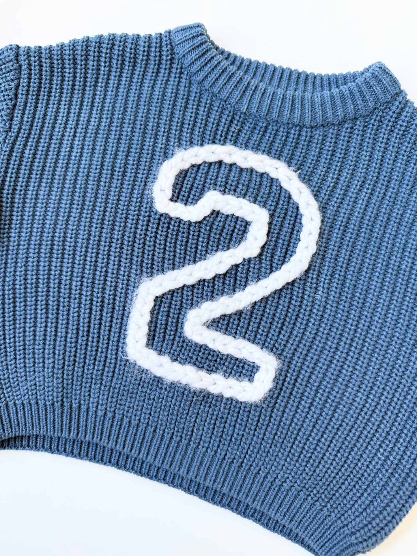 Custom Blue Knit “2” Sweater (0-3 Months)