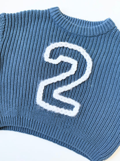 Custom Blue Knit “2” Sweater (0-3 Months)