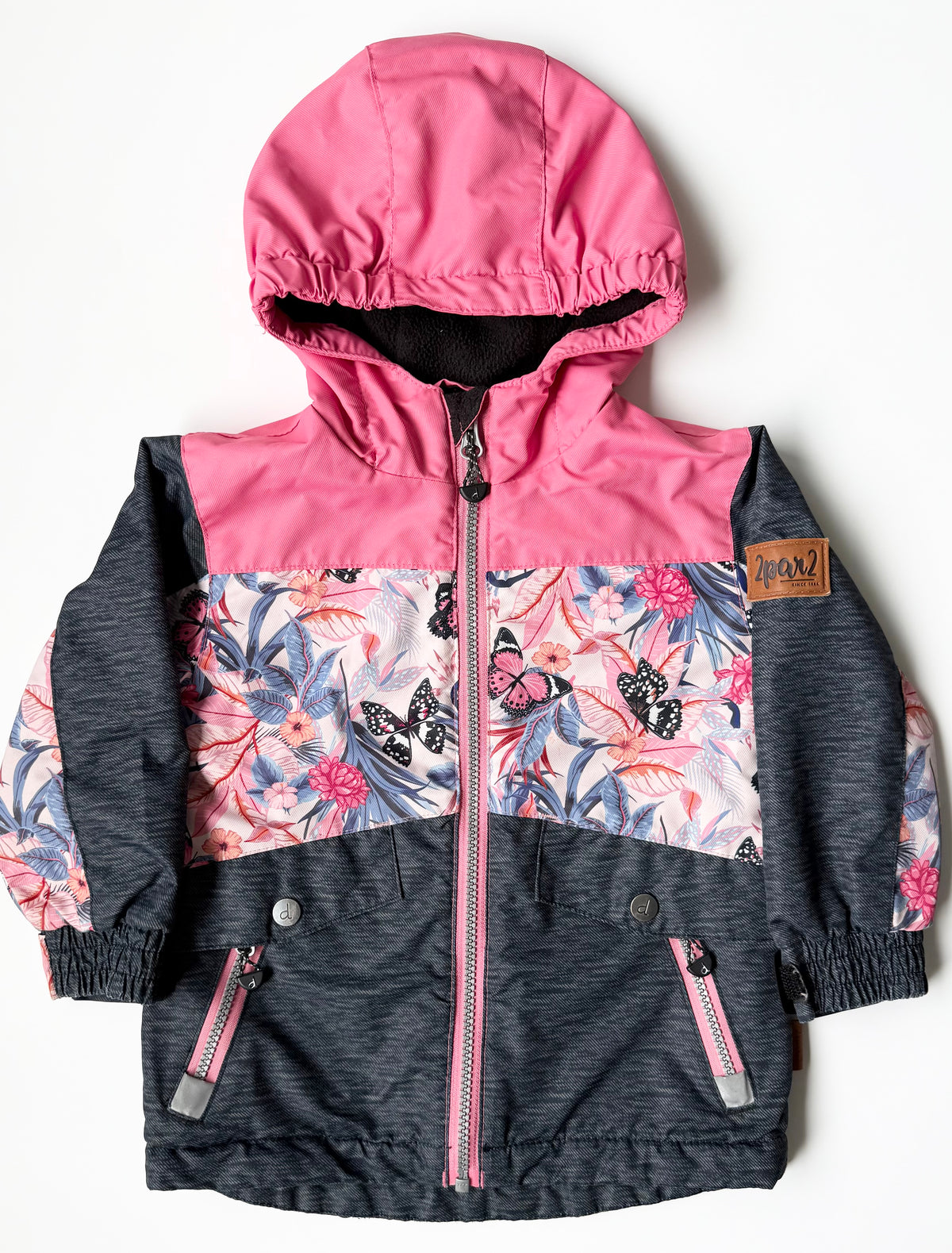 Deux Par Deux Pink & Grey Floral Fleece Lined Fall Jacket (2T)
