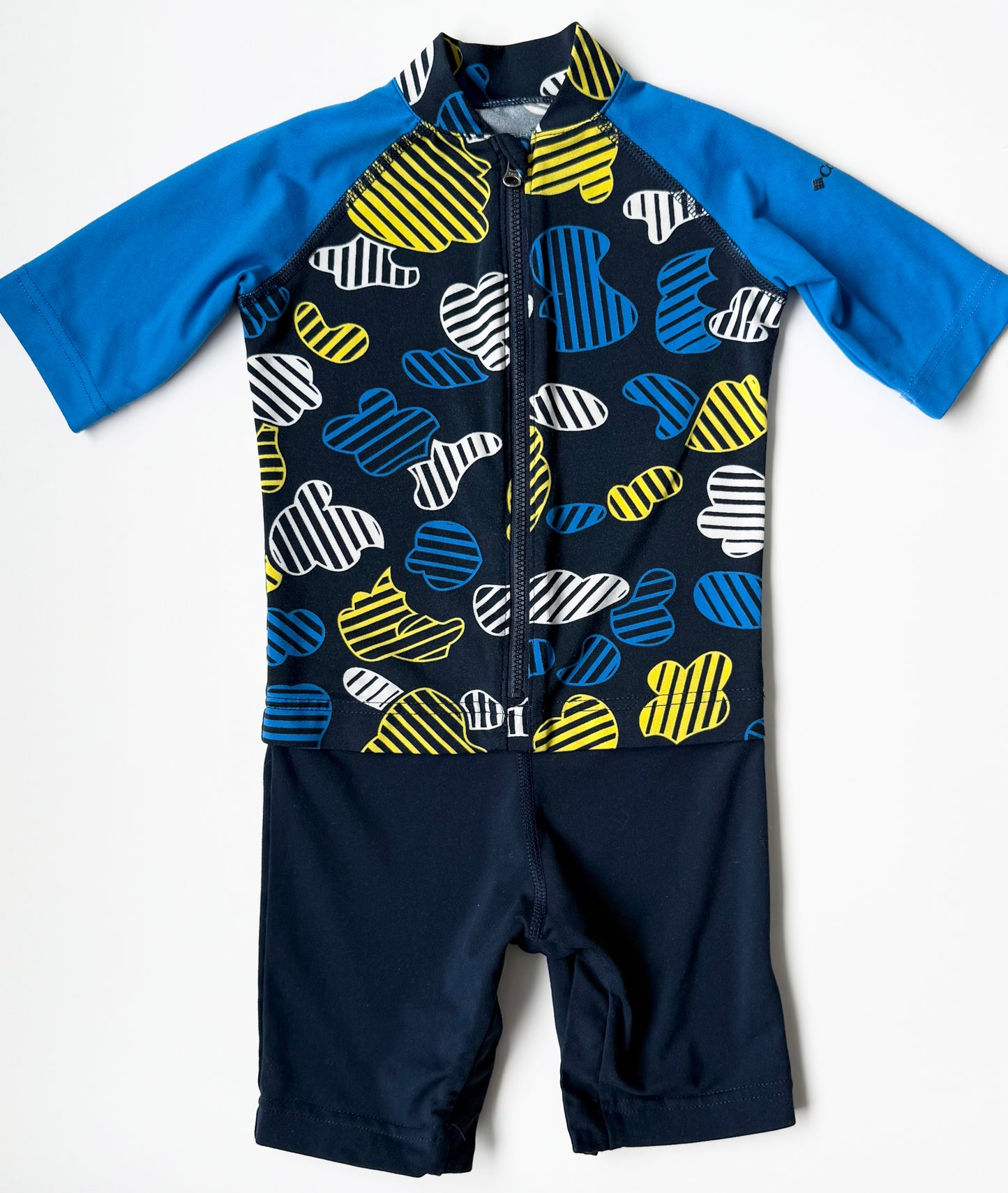 Columbia Navy & Yellow Patterned 1/4 Length Sleeve & Shorts Rashguard One Piece Swimsuit (4T)