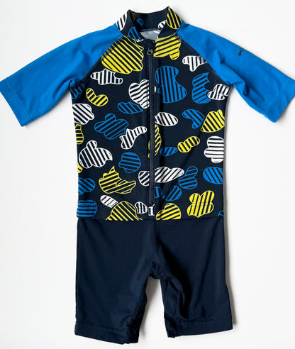 Columbia Navy & Yellow Patterned 1/4 Length Sleeve & Shorts Rashguard One Piece Swimsuit (4T)